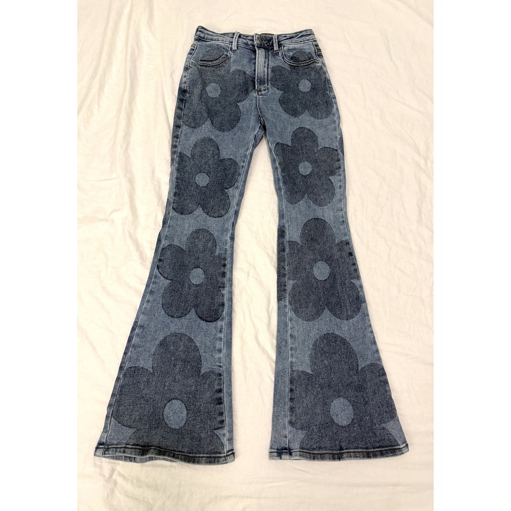 OH Jeans Women's Floral Blue Denim Jeans S Mid Rise Boho Hippie Flare Costume